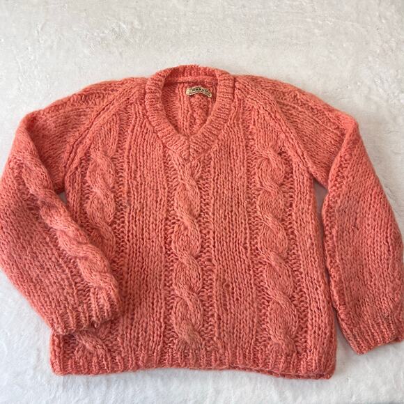 Vintage Cable Knit Mohair Wool Orange V-Neck Sweater Women's size Medium 1970's - Picture 1 of 7